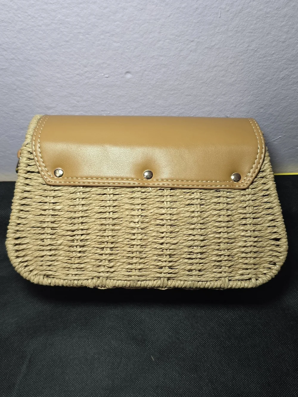 Woven Straw Crossbody Bag with Tan Leather Trim